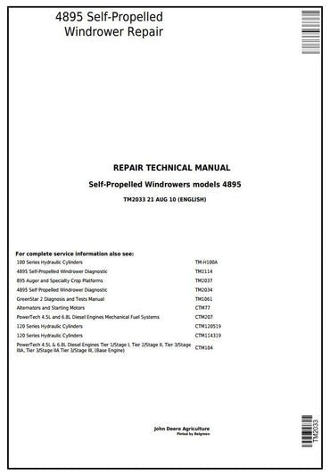 PDF John Deere 4895 Self-Propelled Hay and Forage Windrower Service Manual TM2033