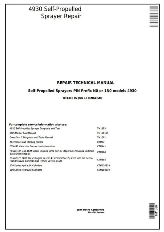 PDF John Deere 4930 Self-Propelled Sprayer Repair Service Manual TM1386
