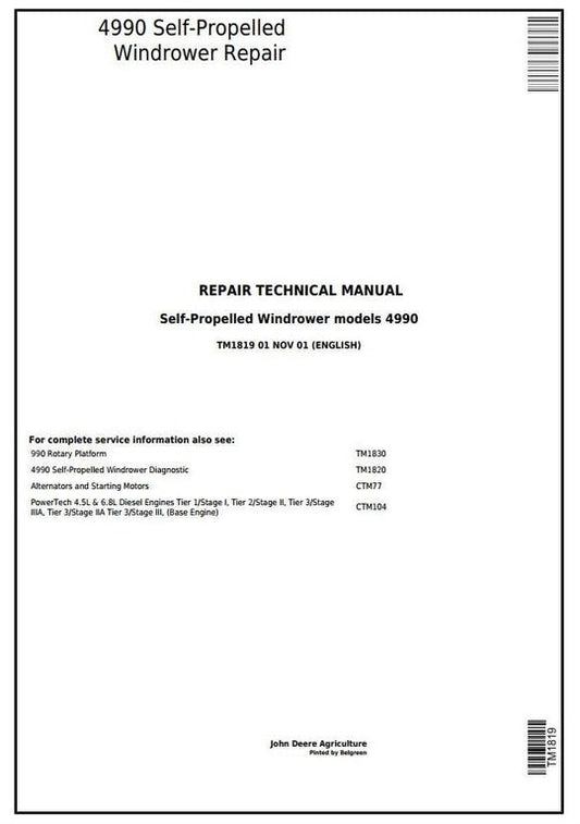 PDF John Deere 4990 Self-Propelled Hay and Forage Windrower Repair Service Manual TM1819