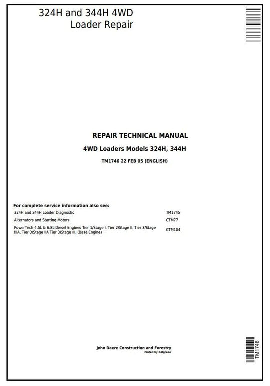 PDF John Deere 4WD 324H 344H Wheel Loader Service Manual TM1746