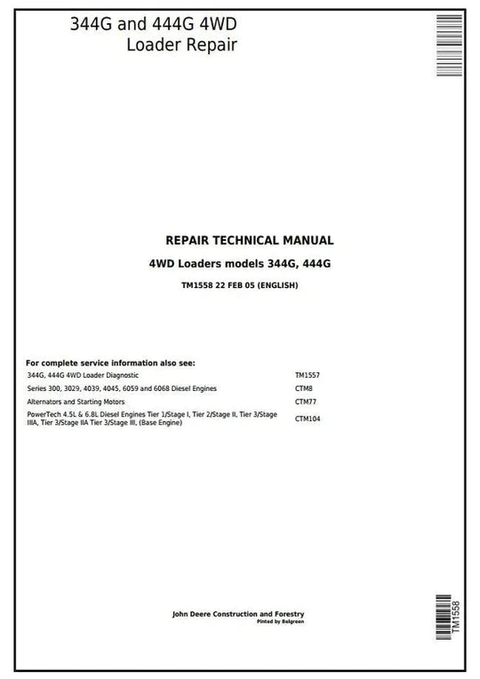 PDF John Deere 4WD 344G, 444G Wheel Loader Service Repair Manual TM1558