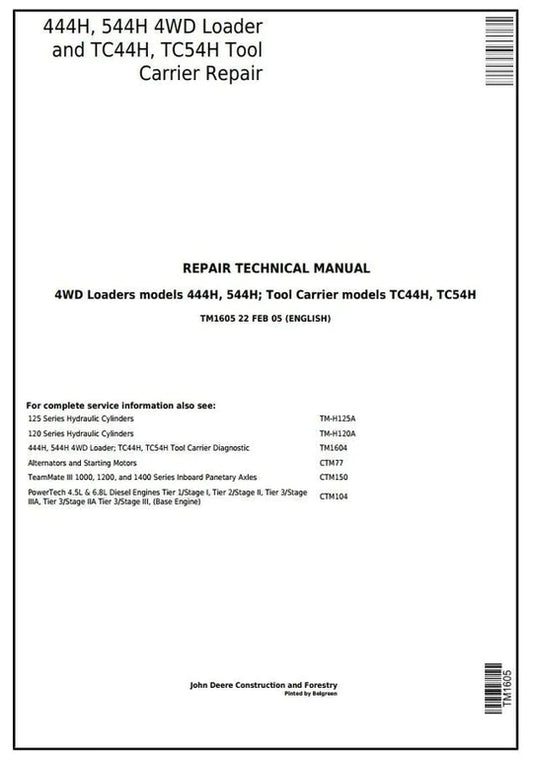 PDF John Deere 4WD 444H 544H Wheel Loader, TC44H, TC54H Tool Carrier Loader Service Manual TM1605