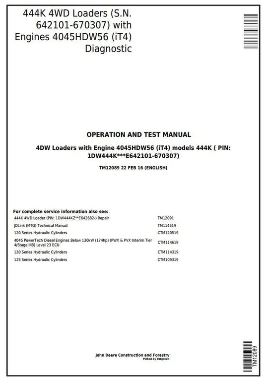 PDF John Deere 4WD 444K Wheel Loader Diagnostic & Test Service Manual TM12089