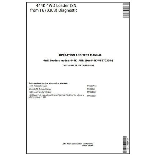 PDF John Deere 4WD 444K Wheel Loader Diagnostic & Test Service Manual TM13361X19