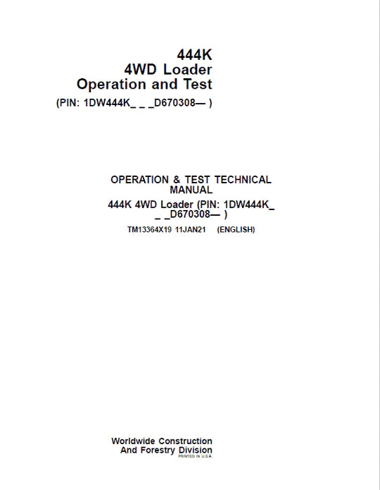 PDF John Deere 4WD 444K Wheel Loader (SN. from D670308) Diagnostic & Test Service Manual TM13364X19