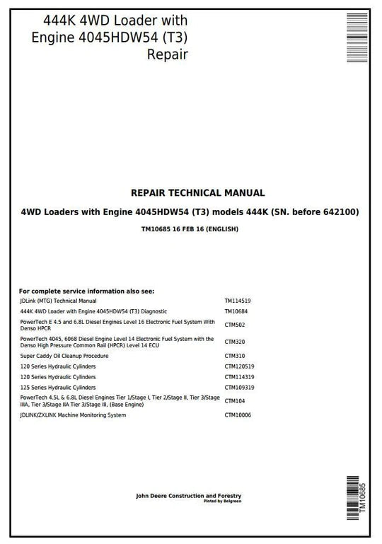 PDF John Deere 4WD 444K Wheel Loader w. Engine 4045HDW54 (T3) Service Repair Technical Manual TM10685