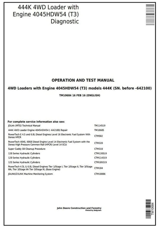 PDF John Deere 4WD 444K (T3) Wheel Loader (SN.-642100) Diagnostic, Operation and Test Service Manual TM10684