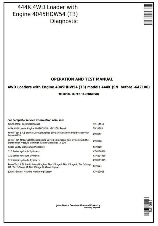 PDF John Deere 4WD 444K (T3) Wheel Loader (SN.-642100) Diagnostic, Operation and Test Service Manual TM10684