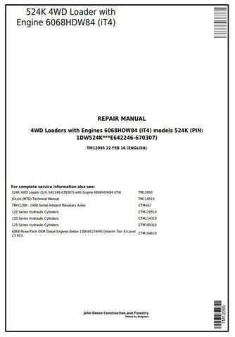 PDF John Deere 4WD 524K Wheel Loader (SN.E642246-670307) w. Engine 6068HDW84 Service Repair Technical Manual TM12095