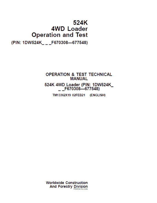 PDF John Deere 4WD 524K Wheel Loader (SN.F670308-677548) Diagnostic and Test Service Manual TM13362X19