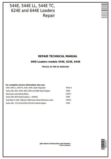 PDF John Deere 4WD 544E 544E LL 544E TC 624E 644E Wheel Loader Service Manual TM1414