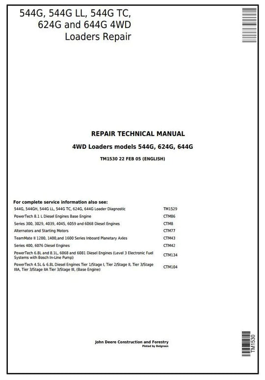 PDF John Deere 4WD 544G, 544G LL, 544G TC, 624G, 644G Wheel Loader Service Repair Manual TM1530