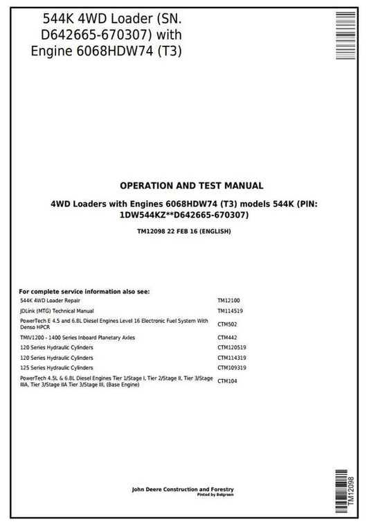 PDF John Deere 4WD 544K Loader Diagnostic and Test Service Manual TM12098