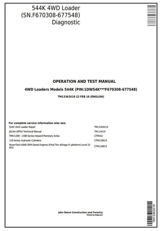 PDF John Deere 4WD 544K Wheel Loader Diagnostic & Test Service Manual TM13363X19