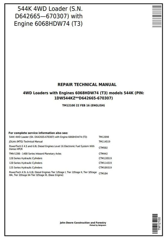PDF John Deere 4WD 544K Wheel Loader (SN.D642665-670307) w. Engine 6068HDW74 (T3) Service Repair Technical Manual TM12100