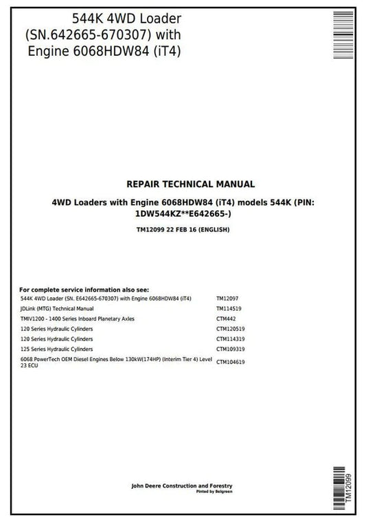 PDF John Deere 4WD 544K Wheel Loader w.Engine 6068HDW84 (iT4) Service Repair Technical Manual TM12099