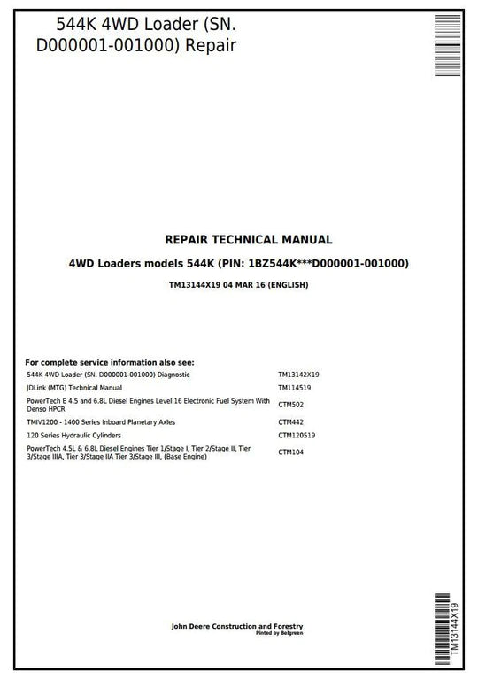 PDF John Deere 4WD 544K (T3/S3a) Wheel Loader (SN.D000001-001000) Repair Service Manual TM13144X19