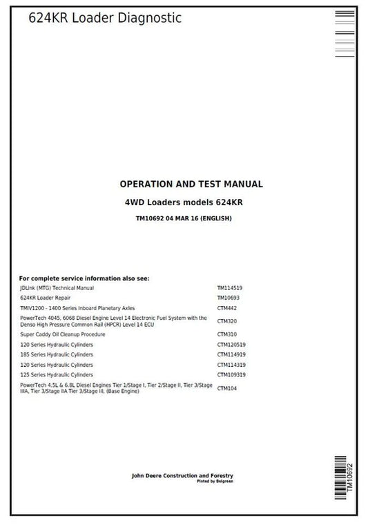 PDF John Deere 4WD 624KR Wheel Loader Diagnostic, Operation and Test Service Manual TM10692