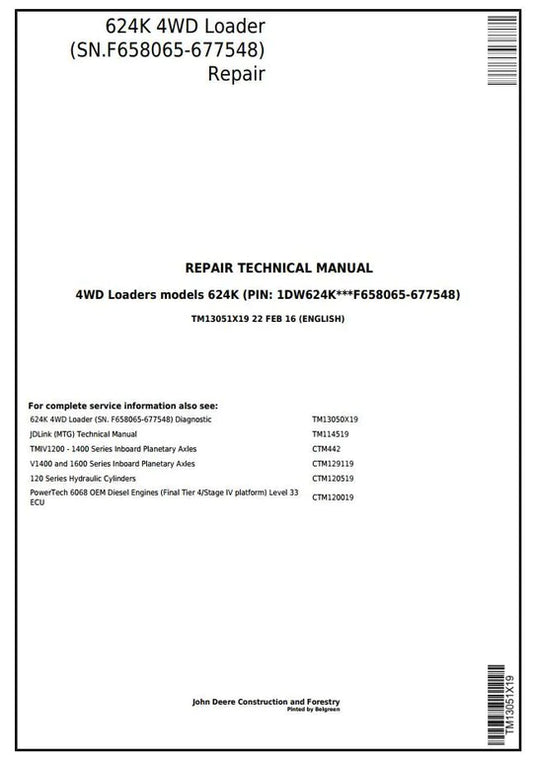 PDF John Deere 4WD 624K Wheel Loader (SN.F658065-677548) Repair Service Manual TM13051X19