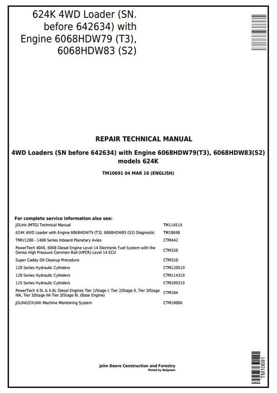 PDF John Deere 4WD 624K Wheel Loader w. Engines 6068HDW79, 6068HDW83 Service Repair Technical Manual TM10691