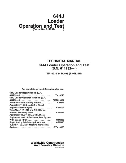 PDF John Deere 4WD 644J Wheel Loader Diagnostic, Operation and Test Service Manual TM10231