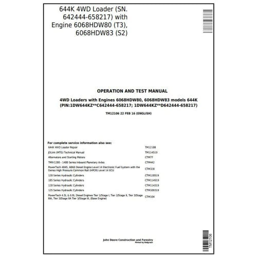 PDF John Deere 4WD 644K Wheel Loader Diagnostic and Test Service Manual TM12106