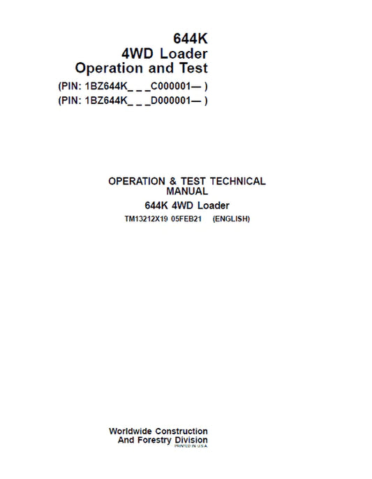 PDF John Deere 4WD 644K Wheel Loader Operation & Test Service Manual TM13212X19
