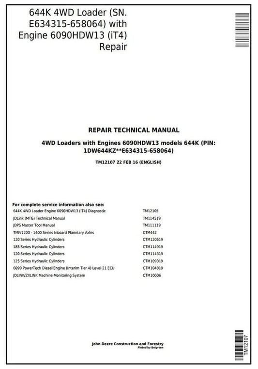 PDF John Deere 4WD 644K Wheel Loader w. Engine 6090HDW13 (iT4) Service Repair Technical Manual TM12107