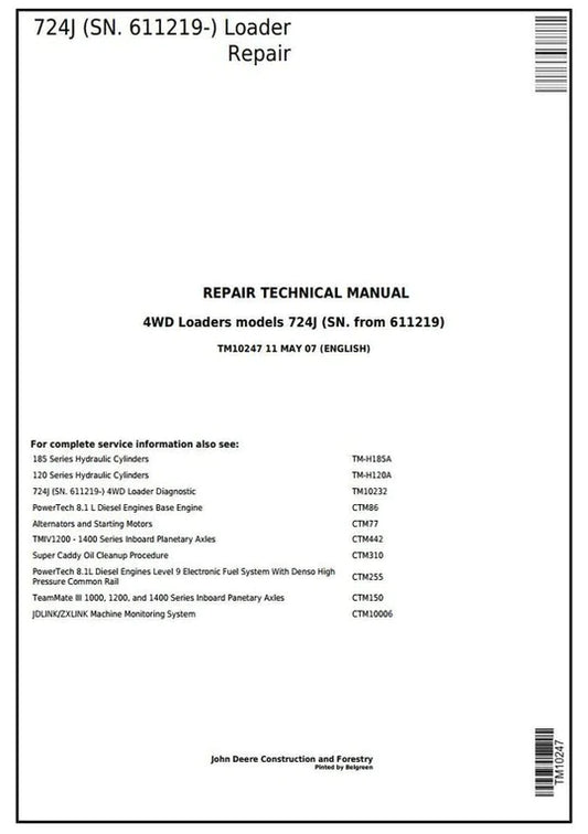 PDF John Deere 4WD 724J Wheel Loader Technical Service Repair Manual TM10247