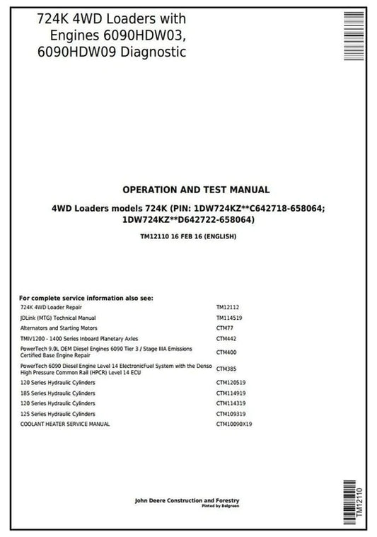 PDF John Deere 4WD 724K Wheel Loader Diagnostic, Operation and Test Service Manual TM12110
