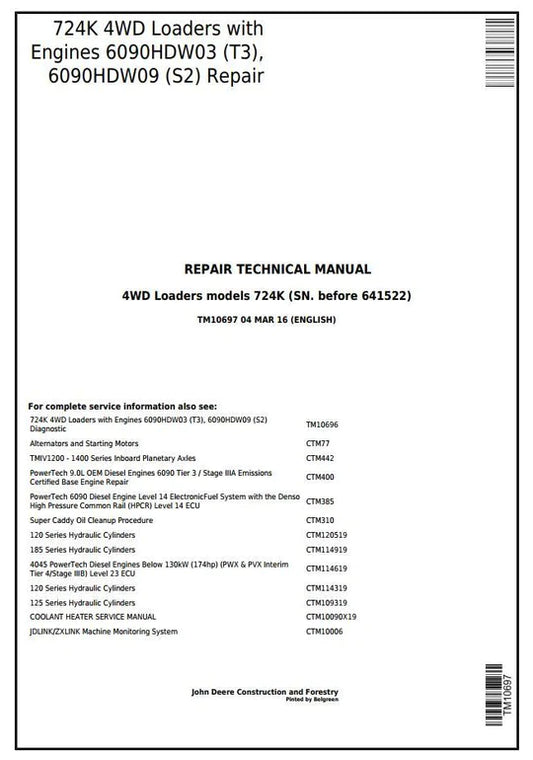 PDF John Deere 4WD 724K Wheel Loader w. Engines 6090HDW03, 6090HDW09 Service Repair Technical Manual TM10697