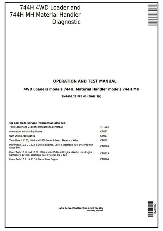 PDF John Deere 4WD 744H Wheel Loader, 744H MH Material Handler Diagnostic and Test Service Manual TM1602