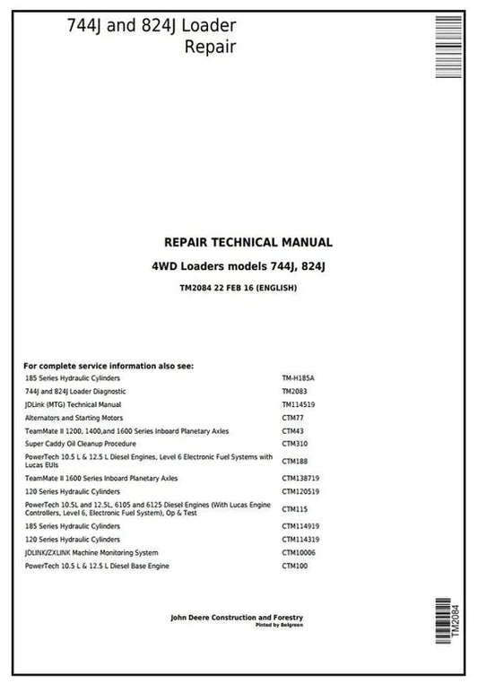 PDF John Deere 4WD 744J, 824J Wheel Loader Service Manual TM2084 