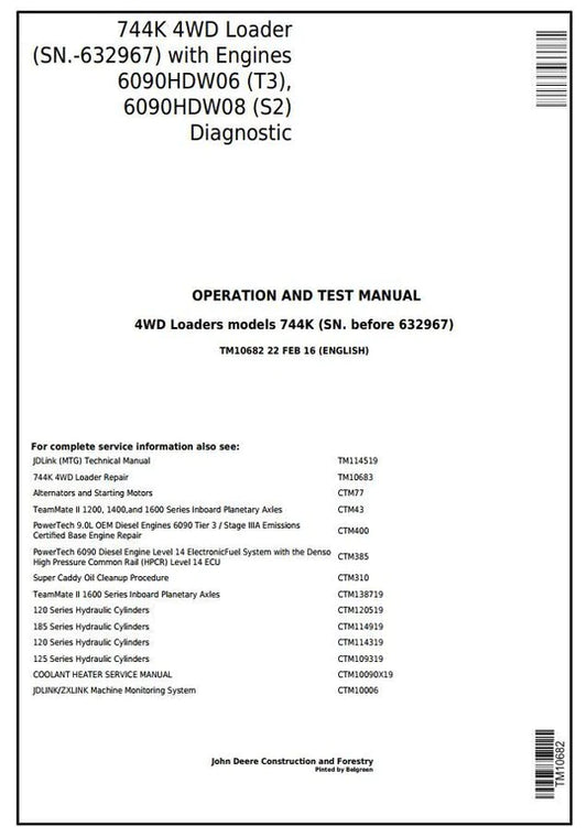 PDF John Deere 4WD 744K T3/S2 Wheel Loader Diagnostic and Test Service Manual TM10682
