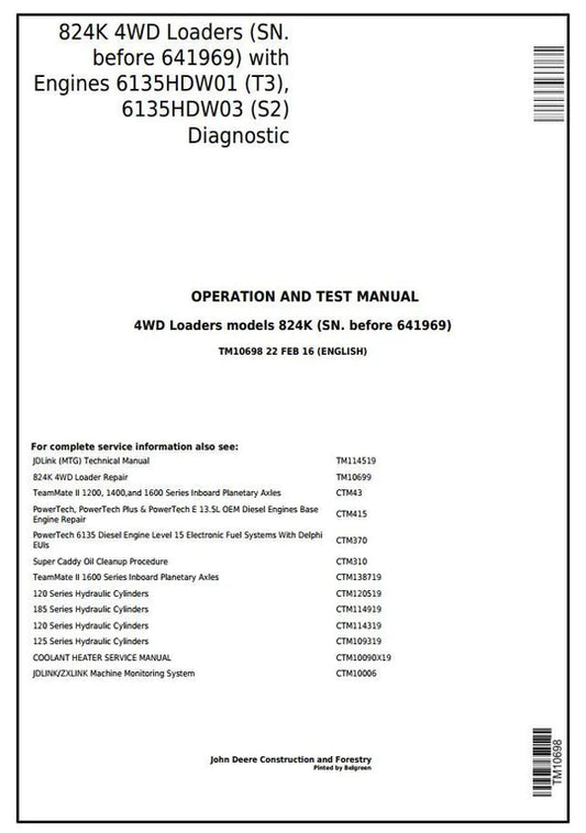 PDF John Deere 4WD 824K Wheel Loader Diagnostic, Operation & Test Service Manual TM10698