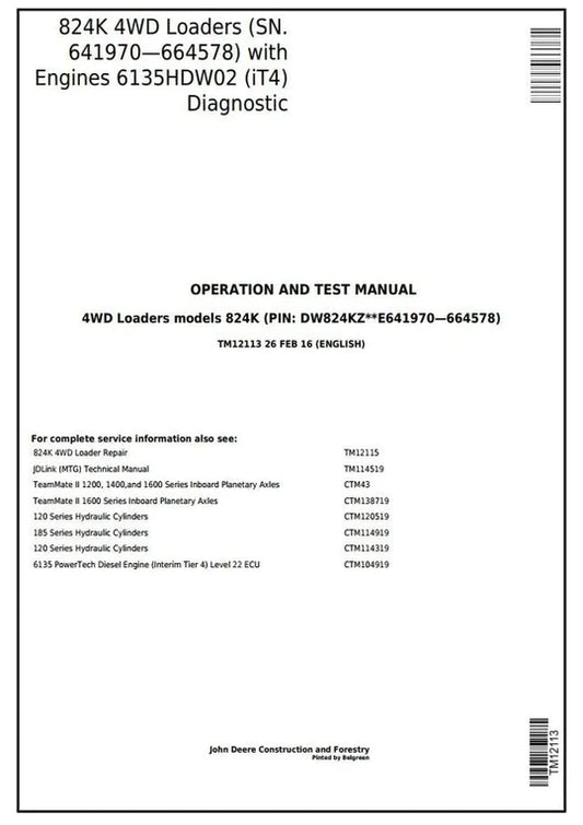 PDF John Deere 4WD 824K Wheel Loader Diagnostic and Test Service Manual TM12113