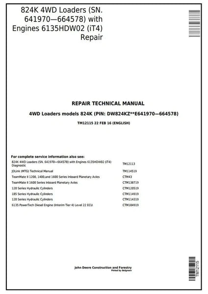 PDF John Deere 4WD 824K Wheel Loader w. Engines 6135HDW02 Service Repair Technical Manual TM12115