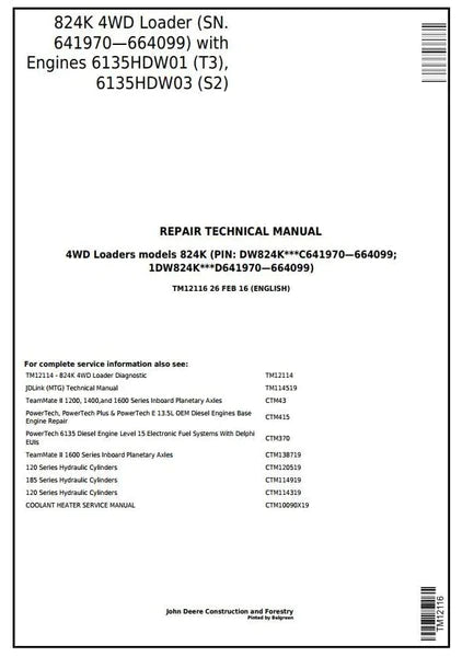 PDF John Deere 4WD 824K Wheel Loader w.T3/S2 Engines Technical Service Repair Manual TM12116