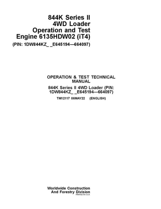 PDF John Deere 4WD 844K Series II Wheel Loader Diagnostic, Operation & Test Service Manual TM12117