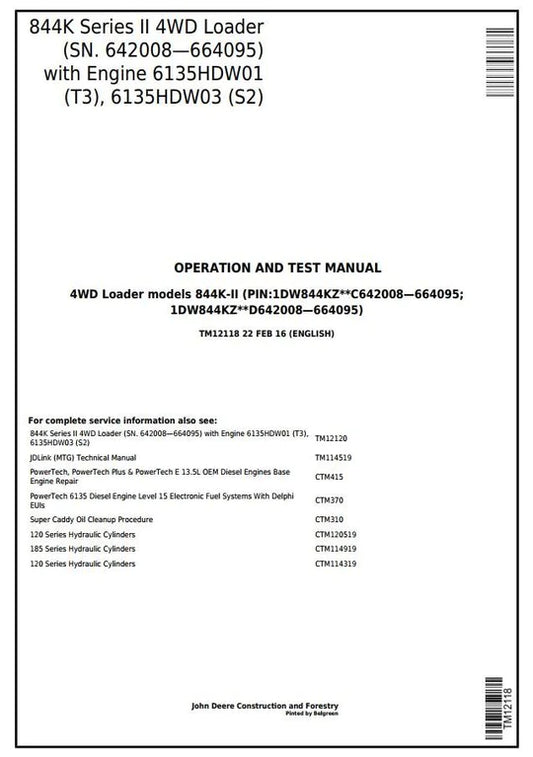 PDF John Deere 4WD 844K Series II Wheel Loader Diagnostic, Operation & Test Service Manual TM12118