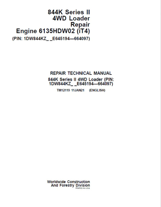 PDF John Deere 4WD 844K Series II Wheel Loader Technical Service Repair Manual TM12119