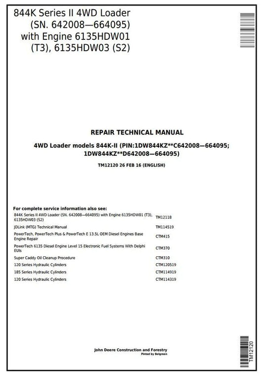 PDF John Deere 4WD 844K Series II (T2/S2 Engines) Wheel Loader Service Repair Technical Manual TM12120