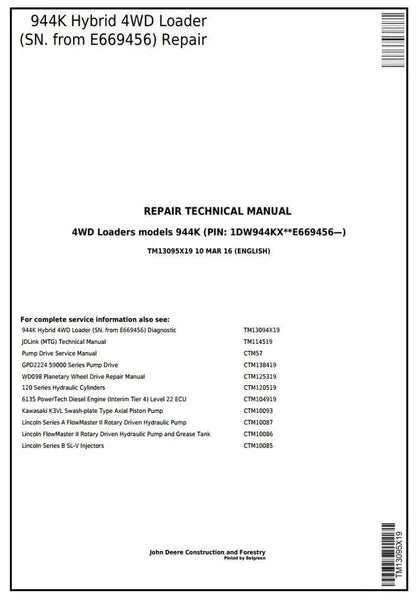 PDF John Deere 4WD 944K Hybrid Wheel Loader (SN. from E669456) Repair Service Manual TM13095X19 