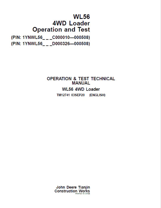 PDF John Deere 4WD WL56 Wheel Loader Diagnostic and Test Service Manual TM12741