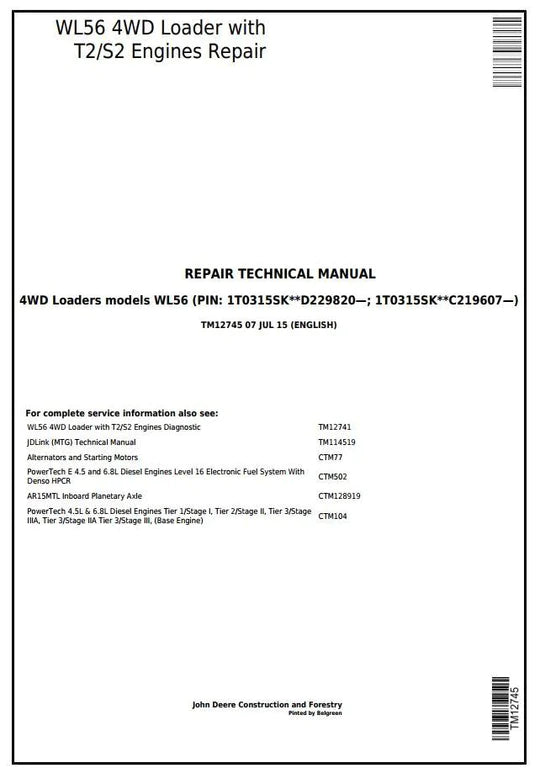 PDF John Deere 4WD WL56 Wheel Loader Service Manual TM12745 – parts ...