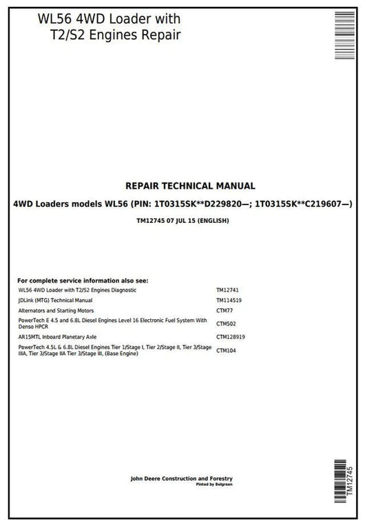 PDF John Deere 4WD WL56 Wheel Loader Service Manual TM12745