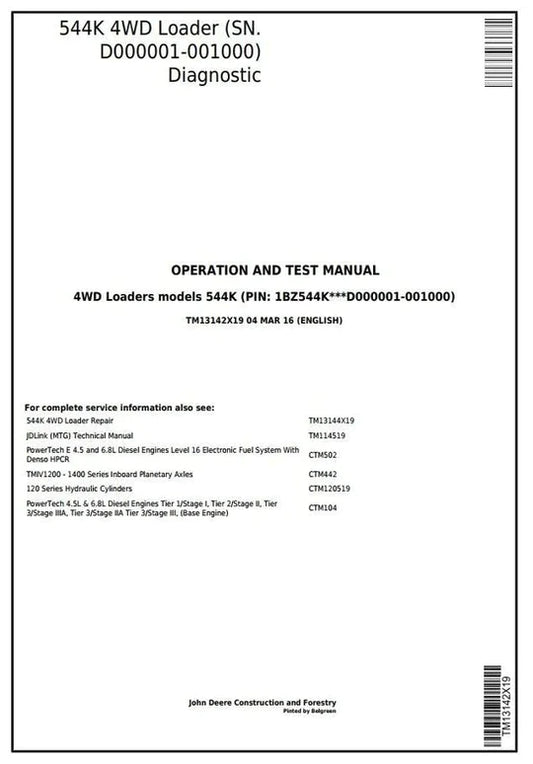 PDF John Deere 4WD Wheel Loader 544K (SN.D000001-001000) Diagnostic & Test Service Manual TM13142X19 