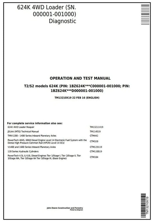 PDF John Deere 4WD (T2/S2) Wheel Loader 624K (SN.000001-001000) Repair Service Manual TM13211X19