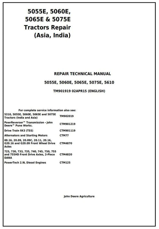 PDF John Deere 5055E 5060E 5065E & 5075E Asia India Tractor Service Repair Technical Manual TM901919