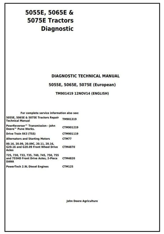 PDF John Deere 5055E 5065E 5075E European Tractor Diagnosis and Test Service Manual TM901419
